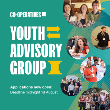 A graphic advertising the opportunity to apply to be part of Co-operatives UK's Youth Advisory Group, including photos of young people involved with co-operatives and taking part in events