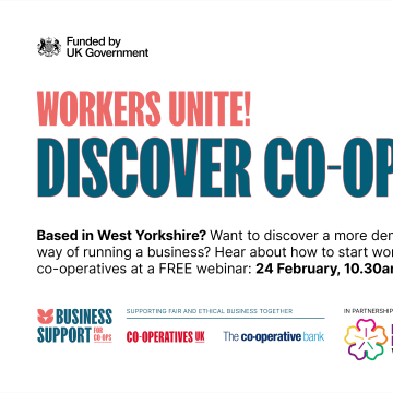 Promotional graphic for a free webinar – Discover co-ops webinar: Workers unite! (Worker co-ops)