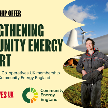 A graphic advertising a dual membership offer between Community Energy England and Co-operatives UK. If features a community energy photo and overlaid words that read: "Strengthening community energy support".