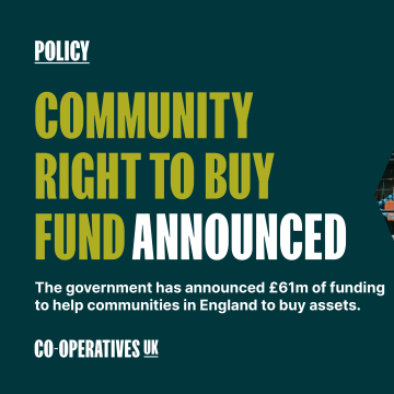 A graphic with the text: Community Right to Buy fund announced with an accompanying photo of Nudge Community Builders, a community-owned organisation in Plymouth