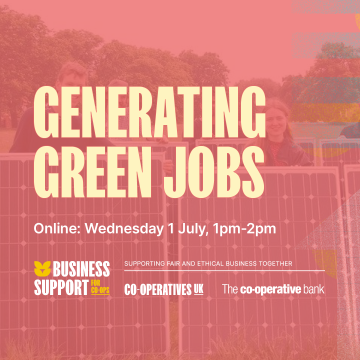 Text: Generating Green Jobs - Online: Wednesday 1 July, 1pm - 2pm. Image in background: 4 people standing in a field, smiling and holding solar panels, with trees in the background. 