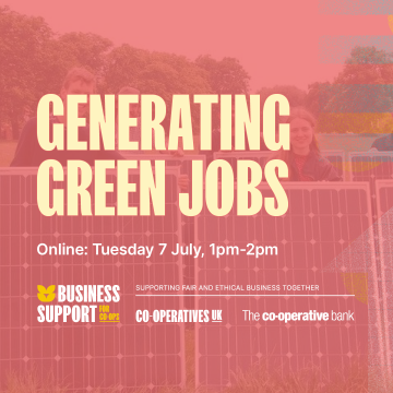 Text: Generating Green Jobs - Online: Wednesday 1 July, 1pm - 2pm. Image in background: 4 people standing in a field, smiling and holding solar panels, with trees in the background. 