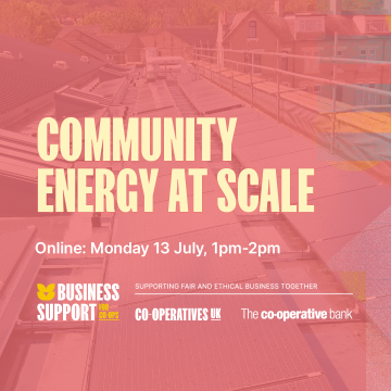 Text: Community Energy at Scale - Online: Monday 13 July, 1-2pm. Background image: solar panels on a roof