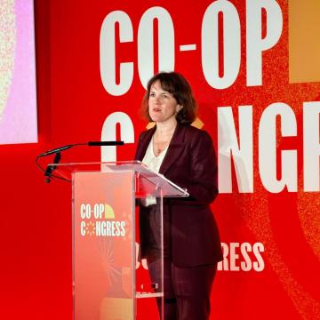 A photograph if Rachel Blake MP, Economic Secretary to the Treasury, on stage at Co-op Congress 2026.