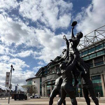 A photograph of a rugby statue outside the Allianz Stadium, the home of the Rugby Football Union (RFU) in Twickenham, London