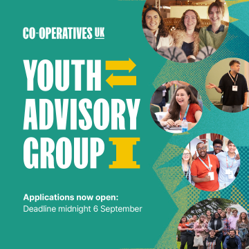 A graphic advertising the opportunity to apply to be part of Co-operatives UK's Youth Advisory Group, including photos of young people involved with co-operatives and taking part in events
