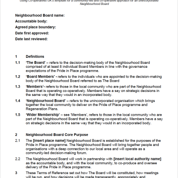 Front page of the template terms of reference for a co-operative Neighbourhood Board